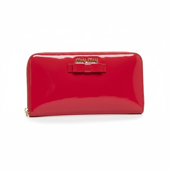 Miu Miu Handbags - Miu Miu Patent Leather Continental Wallet with Bow Accent In Peony Pink And Gold